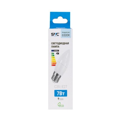 Лампа светодиодная SVC LED C35-7W-E27-6500K Свеча Холодный